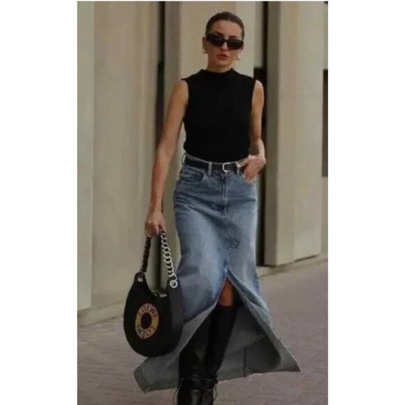 Zara Denim Blue Maxi Skirt front slit Women’s Size US -0 -25 New NWT - Picture 1 of 16